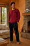 Combed Cotton Knitted Cotton Men's Long Sleeve Buttoned Fileto Embroidered Pocketed Burgundy Pajama Set - 2