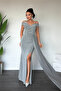 Metallic Fabric Shawl Detailed Evening Dress - Gray - 2