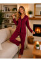 Bamboo Knitted Heart Embroidered Long Sleeve Burgundy Women's Pajama Set with Interlaced Detail - 2