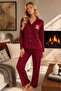 Bamboo Knitted Buttoned Bear Embroidered Long Sleeve Burgundy Women's Pajama Set - 2