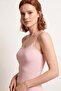 Women's Pink Ribbed Thin Rope Strap U-Neck Flexible Camisole Casual Undershirt - 2