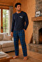 Combed Cotton Knitted Cotton Men's Long Sleeve Placketed Fileto Embroidered Pocketed Navy Blue Pajama Set - 2