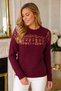Women's Round Neck Long Sleeve Front and Back Lace Detailed Openwork Soft Comfortable Fit Burgundy Knitwear Sweater