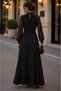 Timeless Elegance - Women's Lace Sleeve High Neckline Drop Neckline Belted Long Crepe Dress. - 5