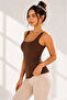 Women's Coffee Color Laser Cut Cotton Undershirt Square Neck Seamless Non-Marking Flexible Basic Undershirt - 2