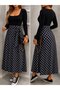 Women's Long Sleeve Square Collar Skirt Patterned Single Jersey Long Viscose Dress with Belt at the Waist
