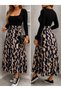 Women's Long Sleeve Square Collar Skirt Patterned Single Jersey Long Viscose Dress with Belt at the Waist