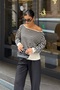 Women's Black Striped Asymmetrical Low Collar Soft Knitwear Blouse - 3