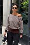 Women's Brown Striped Asymmetrical Low Neck Soft Knitwear Blouse - 3