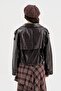 Women's Double-Breasted Leather Jacket with Pleated Detail at the Bottom and Lined Design - 4