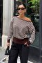 Women's Brown Striped Asymmetrical Low Neck Soft Knitwear Blouse - 2