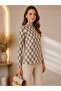 Women's Ecru Beige Chain Pattern Stand Collar Long Sleeve Viscose Elastane Trend Blouse - 2