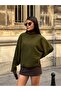 Women's Khaki Turtleneck Oversize Bat Sleeve Sweater - 3