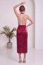 Women's Halter Neckline Backless Midi Length Patterned Satin Dress with Accessories Burgundy - 7