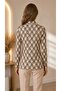 Women's Ecru Beige Chain Pattern Stand Collar Long Sleeve Viscose Elastane Trend Blouse - 5