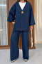 Women's Single Gold Button V-Neck Wide Sleeve Denim Jacket Trousers Two-Piece Set 9149 - Navy Blue - 6