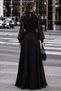 Women's Long Sleeve Turtleneck Drop Detailed Belted Slit Long Crepe Evening Dress - 2