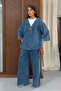 Women's Single Gold Button V-Neck Wide Sleeve Denim Jacket and Trousers Two-Piece Set 9149 - Blue - 4