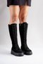 Harpenil Women's Genuine Leather Lace-Up Thick Sole Boots Black Suede - 6