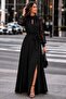 Women's Long Sleeve Turtleneck Drop Detailed Belted Slit Long Crepe Evening Dress - 3