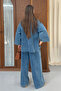 Women's Single Gold Button V-Neck Wide Sleeve Denim Jacket and Trousers Two-Piece Set 9149 - Blue - 6