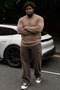 Men's Plus Size Brown Polo Collar Striped Sweatshirt - 3