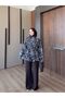 Women's Brown Patterned Pleated Lace-Up Blouse and Elastic Waist Pants Set