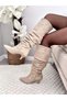 Women's Ti̇ma Cream Suede 6 cm Heeled Bellows Pointed Toe Nailed Heel Boots - 5