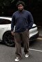 Men's Plus Size Navy Blue Polo Collar Striped Sweatshirt
