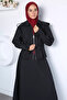 Black Timeless Style Elastic Waist Skirt Front Zipper Jacket Hijab Double Set - 2