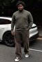 Men's Plus Size Khaki Polo Collar Striped Sweatshirt - 4