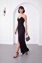 Women's Black Strapless Collar Slit Long Formal Dress - 2