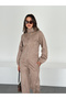 Suede Stand Collar Zipper Jacket and Trouser Set with Detailed Cuffs - 4