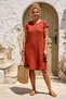 Tile-Beige Pool Collar Low Sleeve Pocketed Robe and Casual Muslin Woven Dress with Embroidery on the Sides 95 55