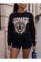 Women's Leopard Printed Stone Detailed Oversize Sweatshirt 2 Thread Without Threaded Detail New Season