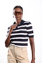 Navy Blue Polo Collar Striped Short Sleeve Knitwear - 2