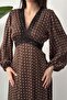 Brown Satin Polka Dot Dress with Lace Detail - 4