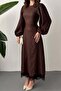 Brown Embossed Lace Detailed Belted Long Dress - 4