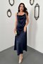 Navy blue satin degaje neckline dress with buckled shoulders - 2