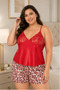Women's Plus Size Red Satin Lace Top Floral Pattern Shorts 2-Piece Pajama Set