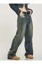Navy Blue Stonewashed White Tribal Printed Y2K Unisex Baggy Pants - 4