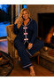Bamboo Knitted Bow Tie Long Sleeve Navy Blue Plus Size Women's Pajama Set