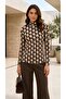 Women's Ecru Brown Patterned High Collar Long Sleeve Viscose Blouse - 2