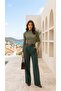 Women's Green Geometric Tiny Patterned High-Neck Long Sleeve Viscose Blouse - 3