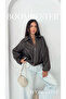 Women's Black Oversize Faux Leather Bomber Coat |   Belt Detailed Premium - 5