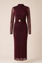 Glittery Transparent Long Sleeve Midi Burgundy Dress with Waist Accessories - 5