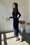 Silvery Transparent Long Sleeve Midi Navy Blue Dress with Waist Accessories - 4