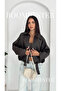 Women's Black Oversize Faux Leather Bomber Coat |   Belt Detailed Premium - 2