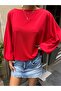 Women's Red Boat Neck Bat Sleeve Wide Cut Blouse - 3