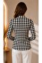 Women's Ecru Black Houndstooth Patterned High Neck Long Sleeve Viscose Blouse - 6